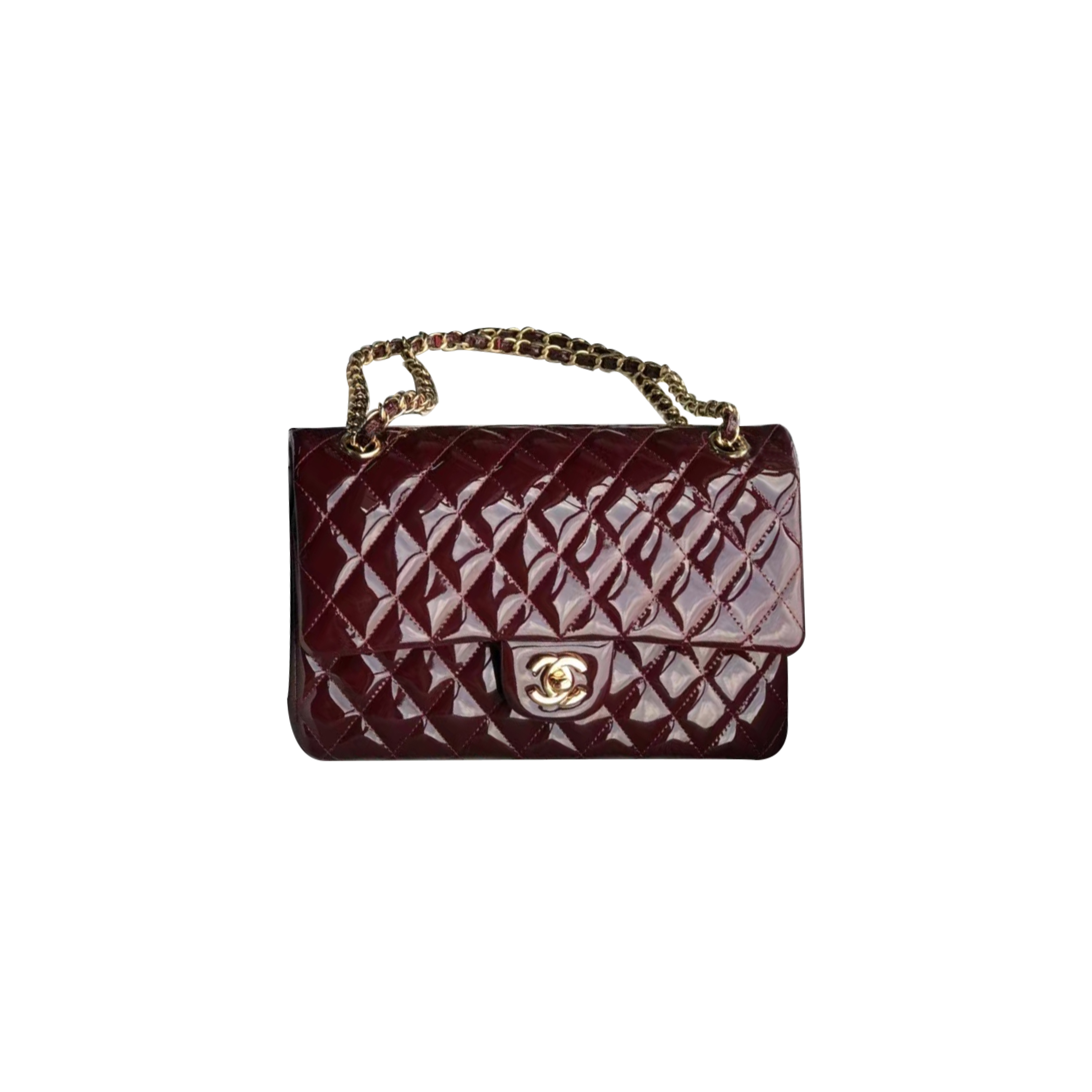 CHANEL PATENT CALFSKIN QUILTED MEDIUM DOUBLE FLAP DARK RED GOLD BUCKLE A01112 (25*15*6cm)